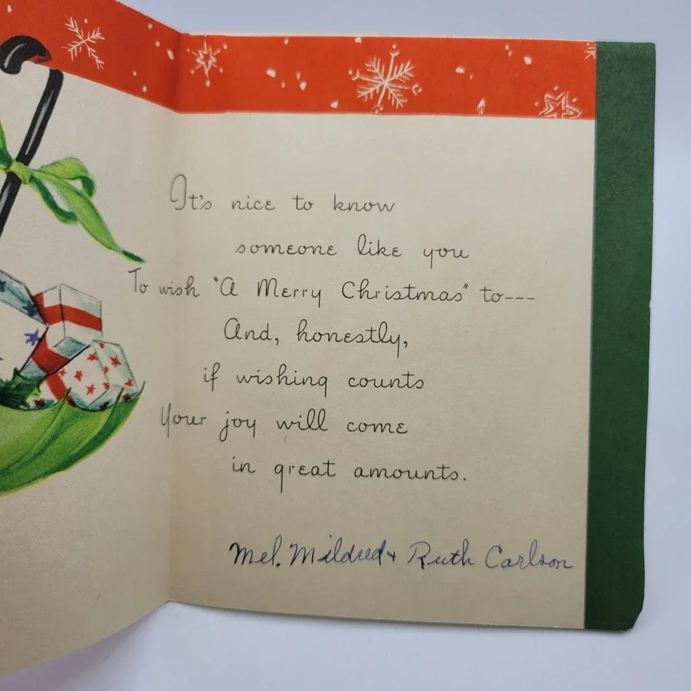 Vintage Art Guild Williamsburg Christmas Card Girl Umbrella‎ 1950s Signed